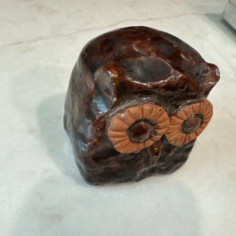 Studio signed BM 1969 art pottery Owl Figurine Ceramic Home Decor 2 inch